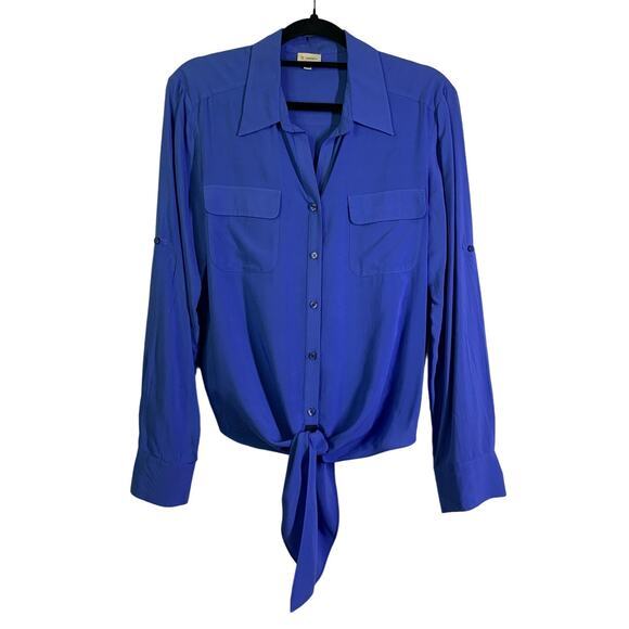 CREMIEUX Women's Blue Tie Front Long‎ Sleeve Button Down Blouse Size Medium - Picture 1 of 15